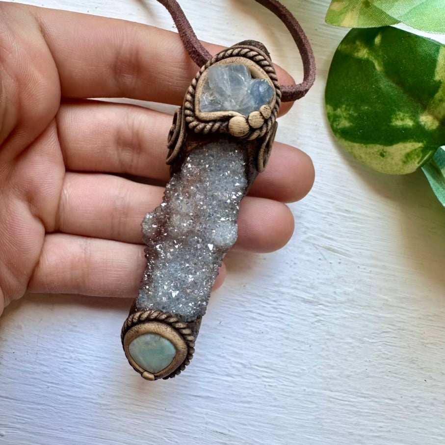 Aqua Aura Spirit Quartz Blue Calcite and Larimar Pendant Necklace - FairyGardenGlow