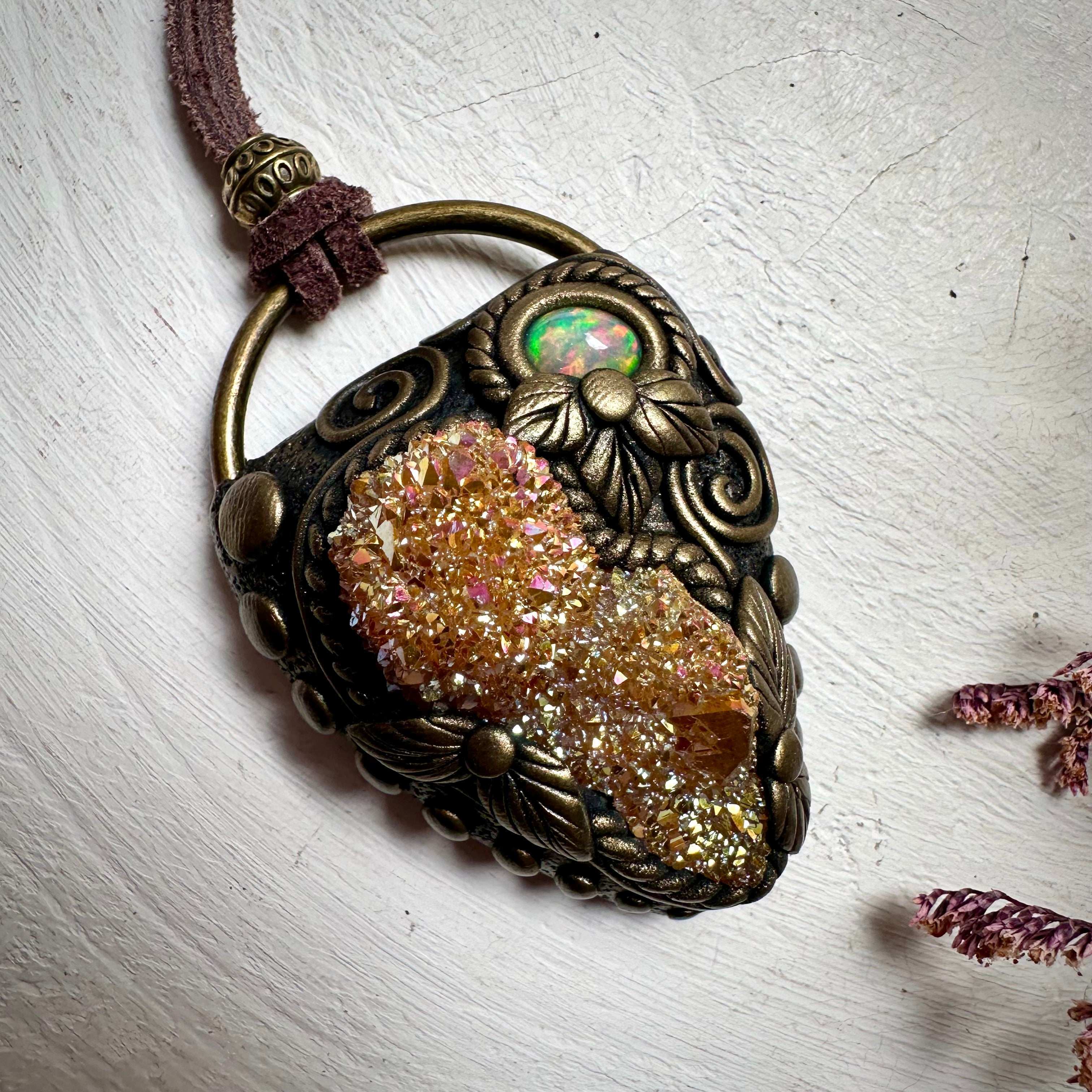 Sunset Aura Spirit Quartz and Ethiopian Opal Necklace - FairyGardenGlow