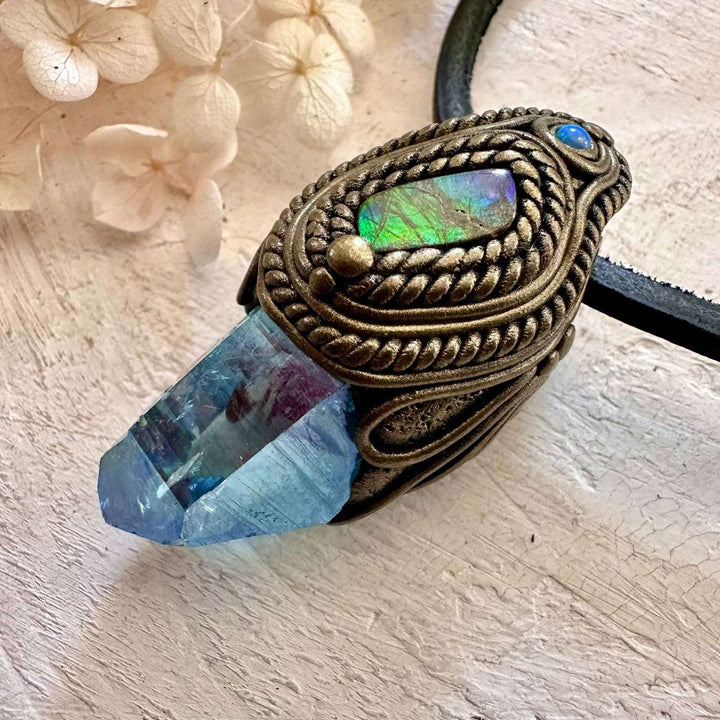 Aqua Aura Quartz Ammolite and Australian Opal Pendant Necklace - FairyGardenGlow