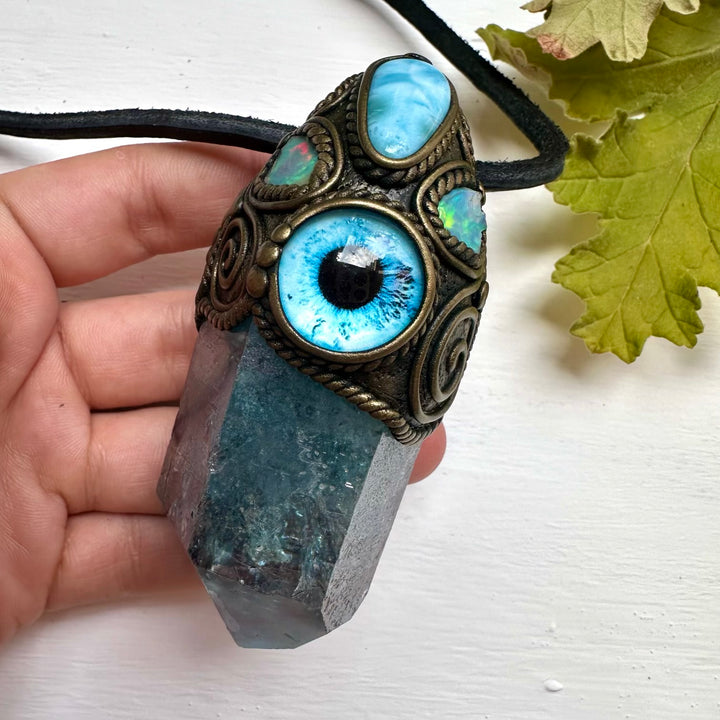 Aqua Aura Quartz Larimar and Raw Opal Eye Wand / Pendant - FairyGardenGlow