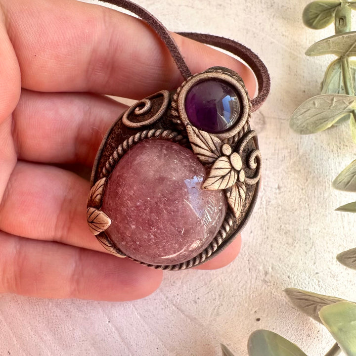 Heart healing crystal jewelry featuring Strawberry Quartz gemstone