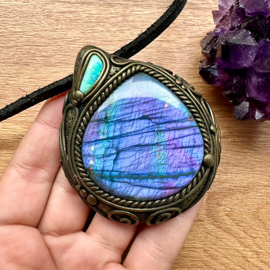 Large Purple Labradorite and Australian Opal Necklace, Unique Crystal Pendant - FairyGardenGlow