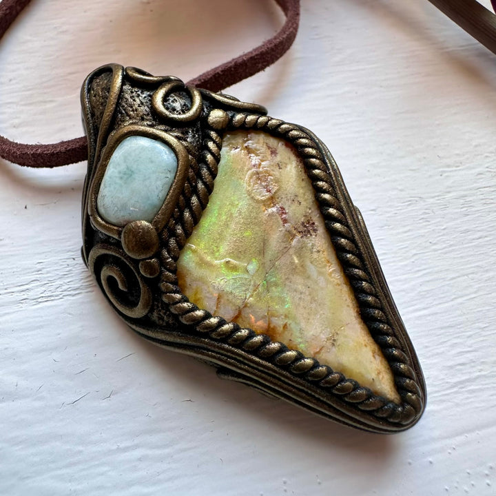 Boulder Opal and Larimar Necklace - FairyGardenGlow
