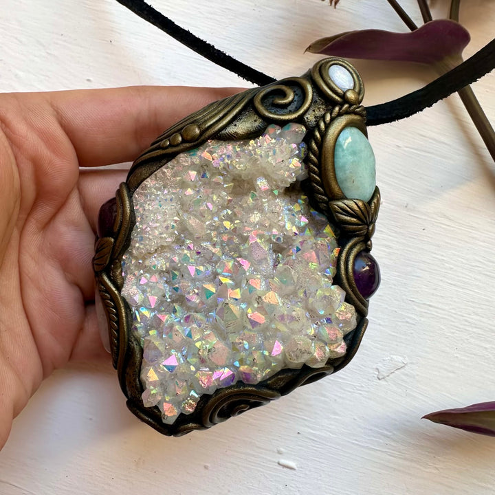Angel Aura Quartz Cluster Larimar Amethyst Morganite and Australian Opal Wand / Pendant - FairyGardenGlow