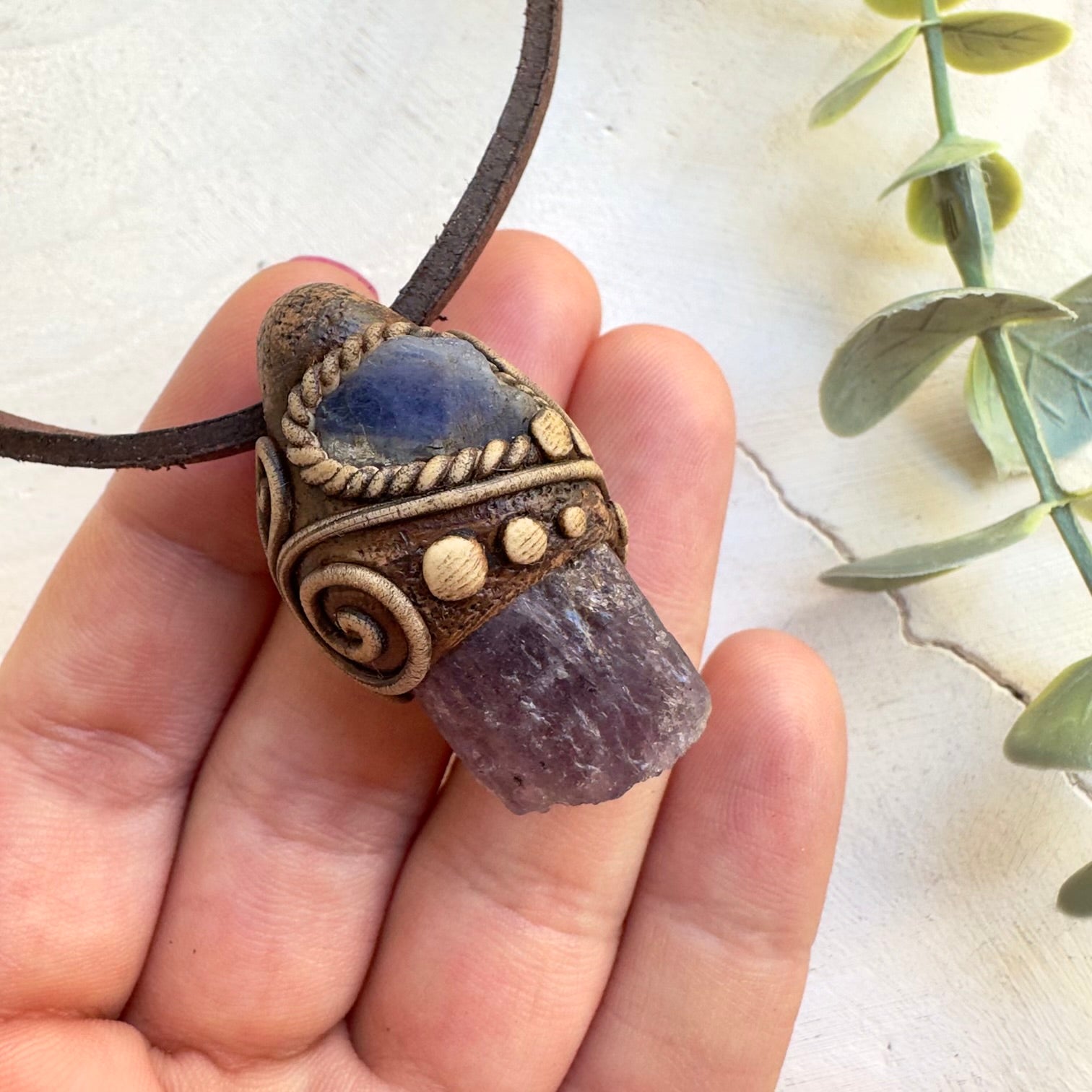 Fantasy boho jewelry pendant with raw Tanzanite and Scapolite