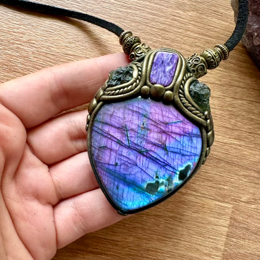 Purple Labradorite Moldavite and Charoite Pendant Necklace, Unique Protection Amulet - FairyGardenGlow