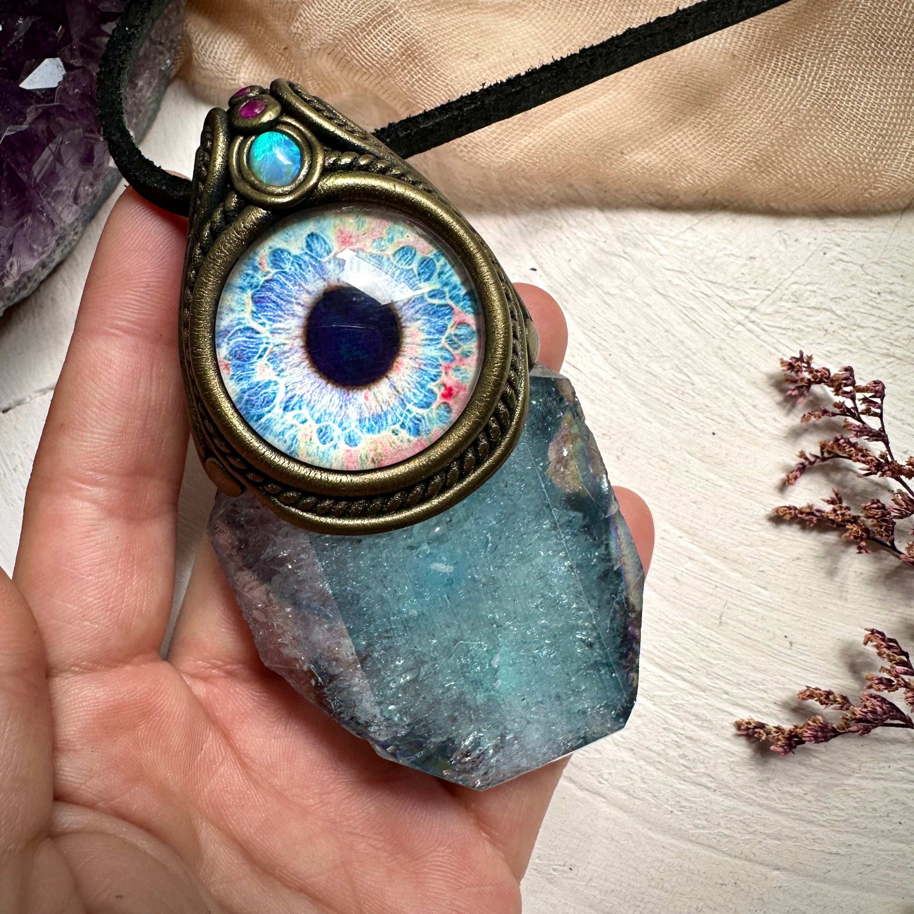 Aqua Aura Faden Quartz Australian Opal and Ruby Eye Wand / Pendant - FairyGardenGlow
