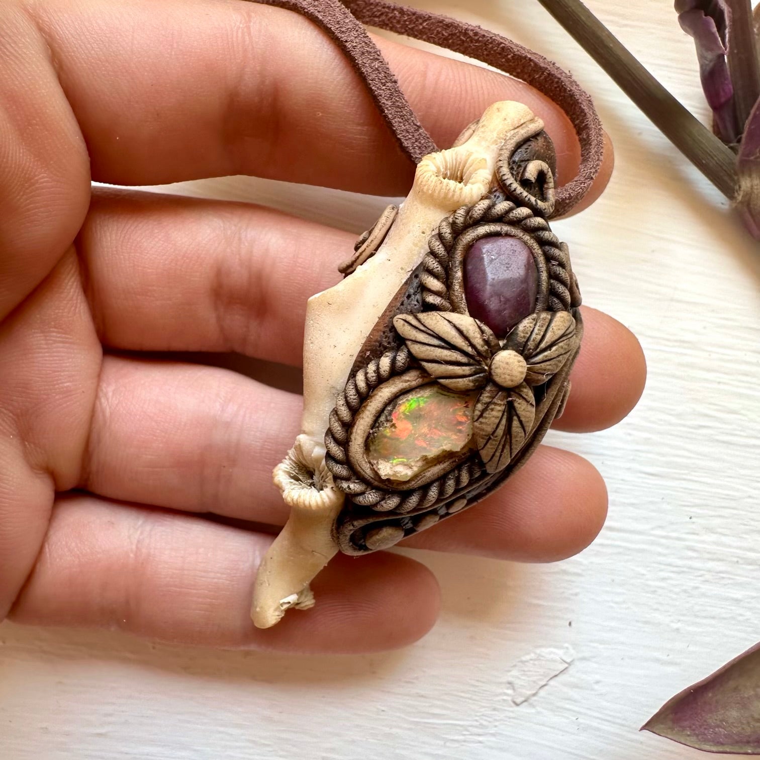 White Coral Ruby and Opal Necklace - FairyGardenGlow