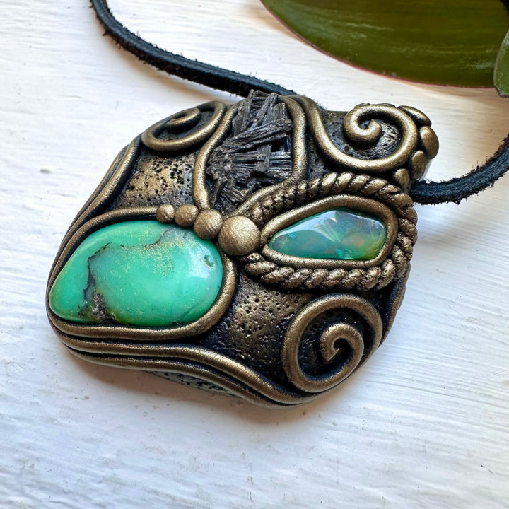 Chrysoprase Black Kyanite and Green Opal Pendant Necklace, Handmade Crystal Necklace - FairyGardenGlow