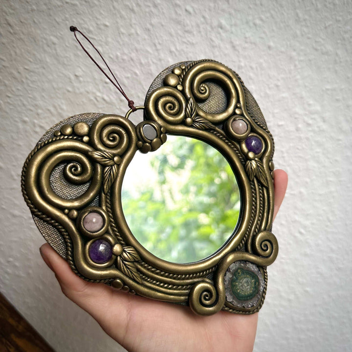 Crystal Mirror Heart Wall Hanging - 16 cm - FairyGardenGlow