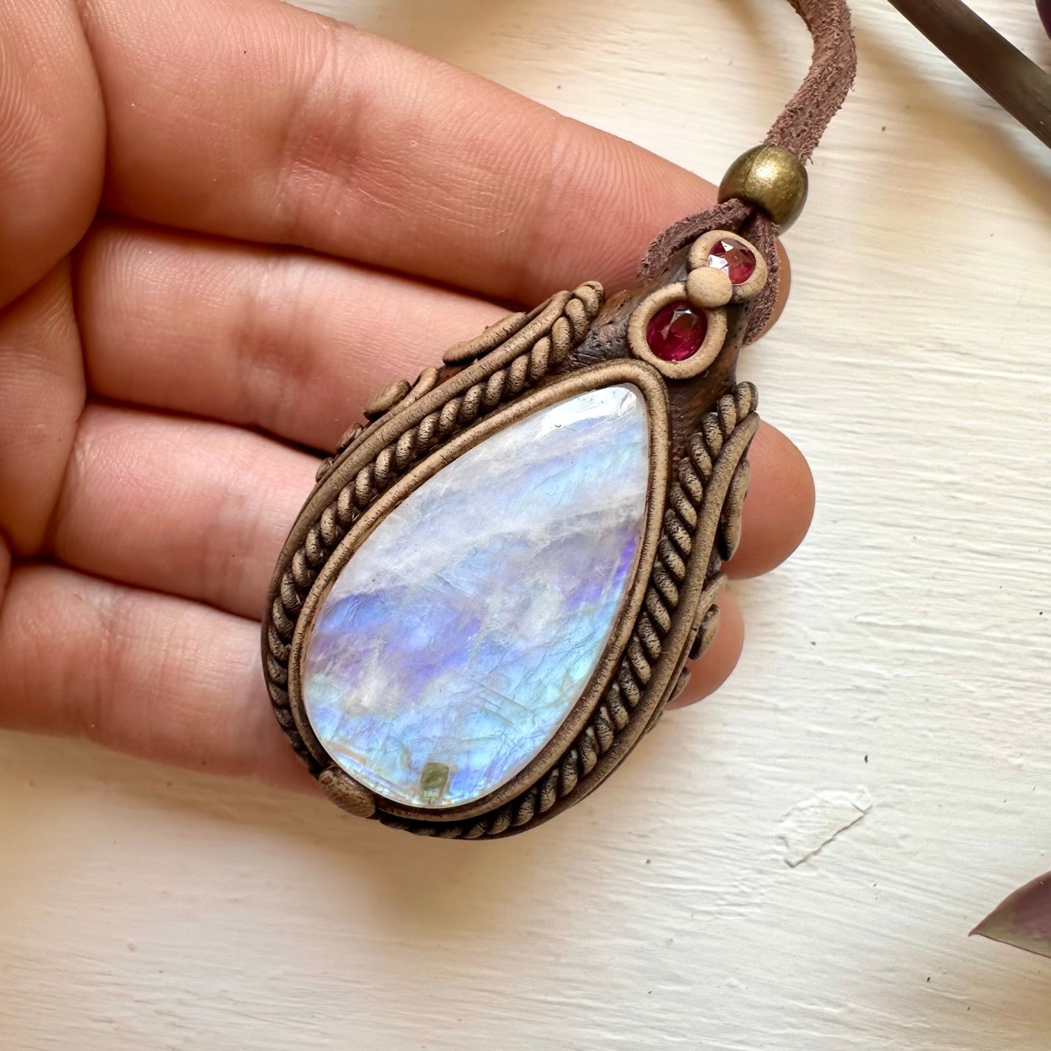 Rainbow Moonstone and Ruby Necklace - FairyGardenGlow
