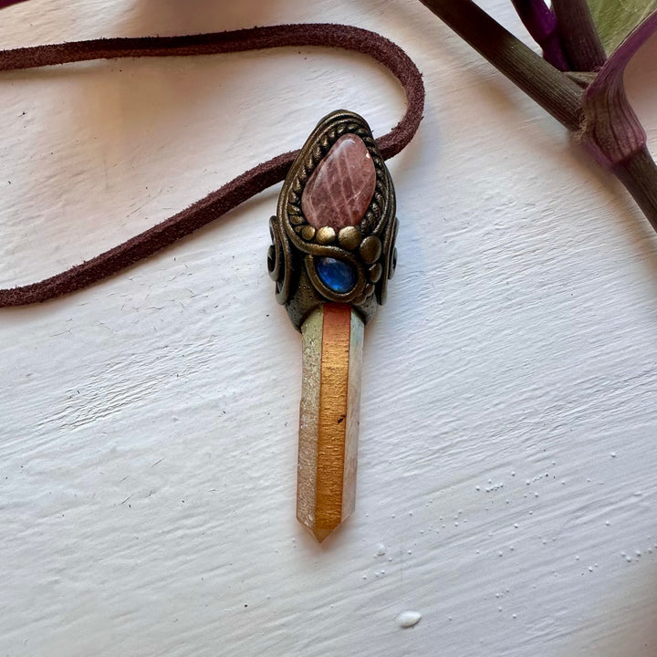 Sunset Aura Quartz Sunstone and Moonstone Pendant Necklace - FairyGardenGlow