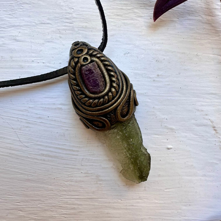 Moldavite and Ruby Necklace - FairyGardenGlow