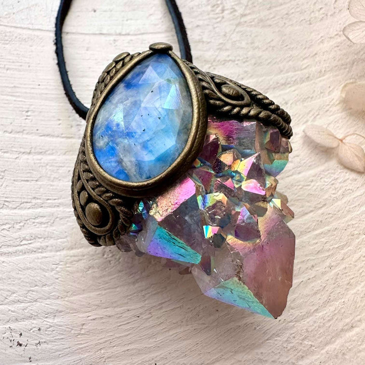 Angel Aura Spirit Quartz and Rainbow Moonstone Pendant - FairyGardenGlow