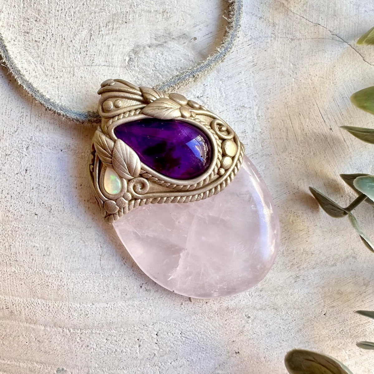 Unique gemstone pendant featuring natural Rose Quartz, Amethyst and glowing Ethiopian Opal.
