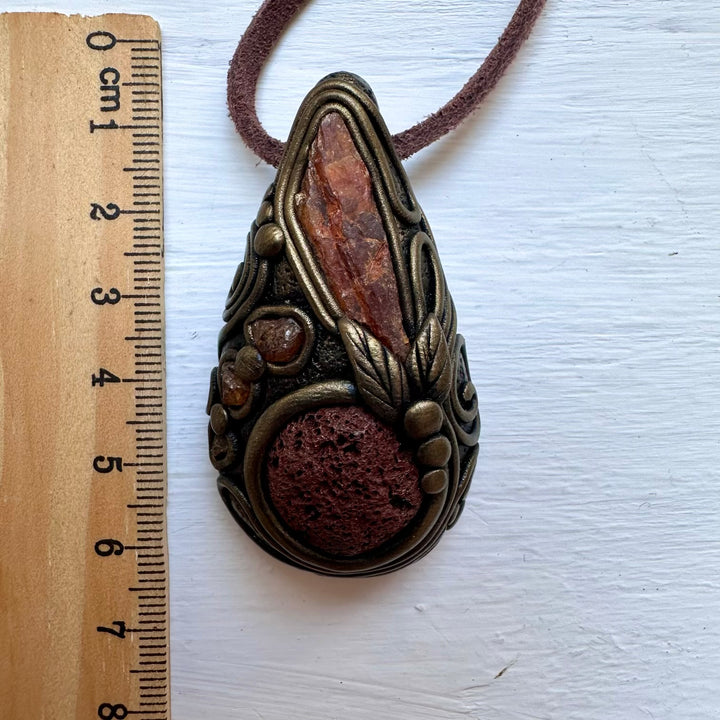 Red Lava Stone Orange Kyanite and Hessonite Garnet Necklace - FairyGardenGlow