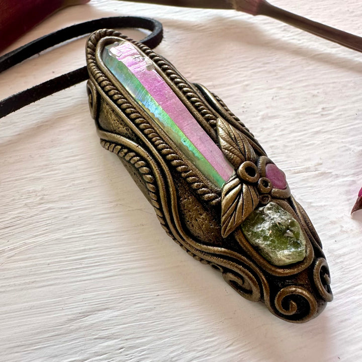 Angel Aura Quartz Raw Peridot and Ruby Necklace - FairyGardenGlow