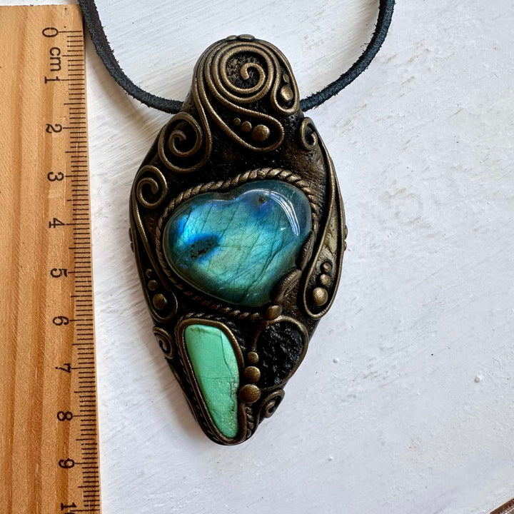 Labradorite Heart Chrysoprase and Moldavite Necklace - FairyGardenGlow