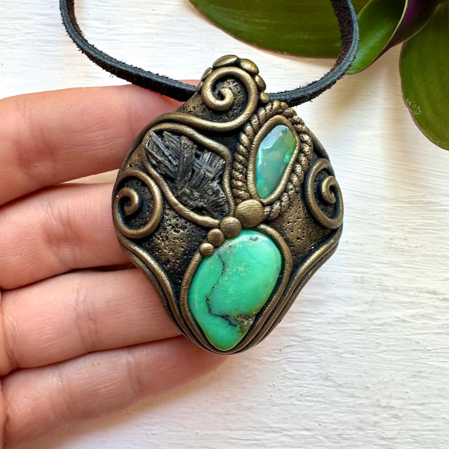 Chrysoprase Black Kyanite and Green Opal Pendant Necklace, Handmade Crystal Necklace - FairyGardenGlow