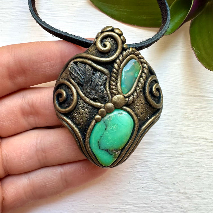 Chrysoprase Black Kyanite and Green Opal Pendant Necklace, Handmade Crystal Necklace - FairyGardenGlow