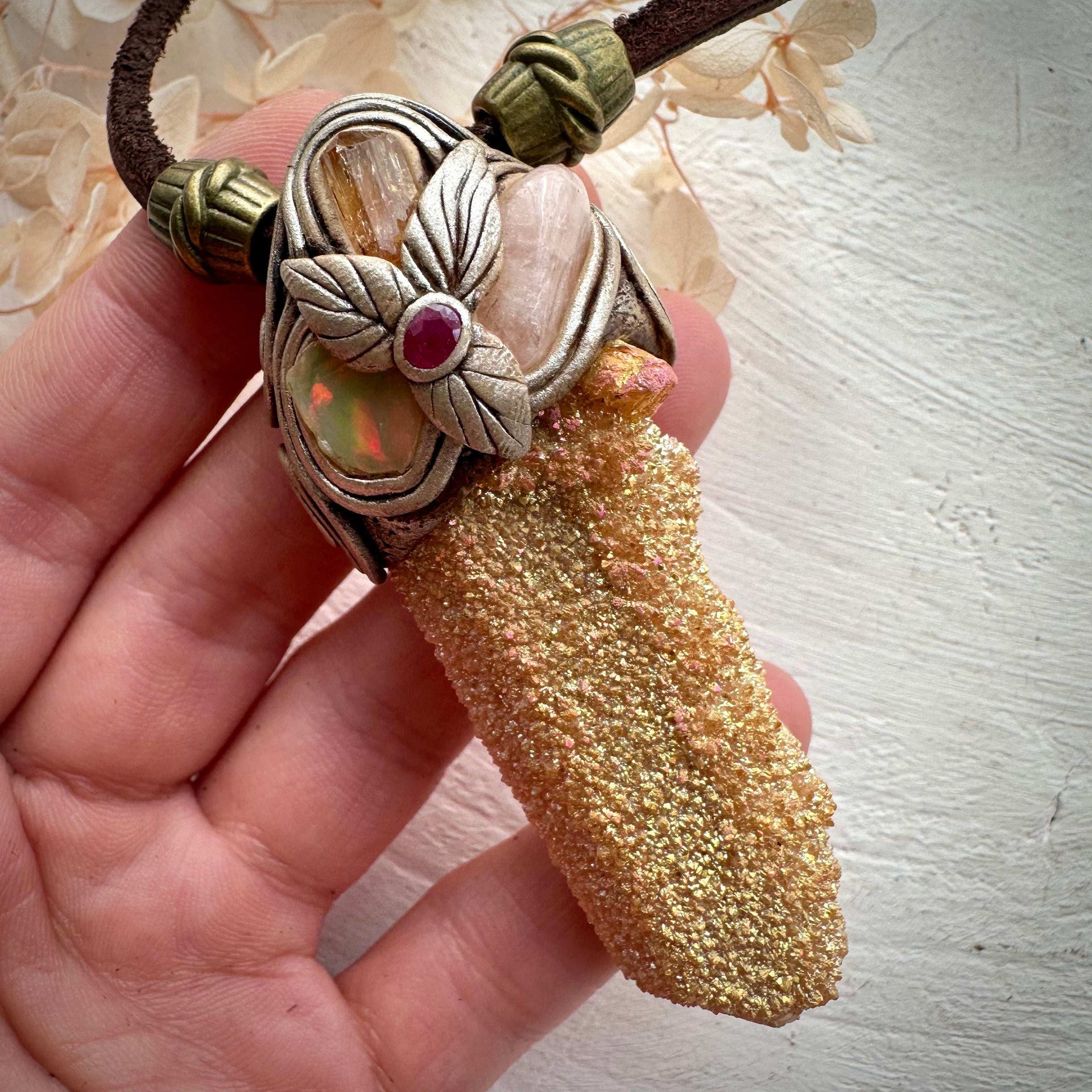Sunset Aura Spirit Quartz Morganite Imperial Topaz Ethiopian Opal and Ruby Pendant Necklace - FairyGardenGlow