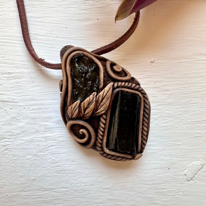 Black Tourmaline and Moldavite Necklace - FairyGardenGlow