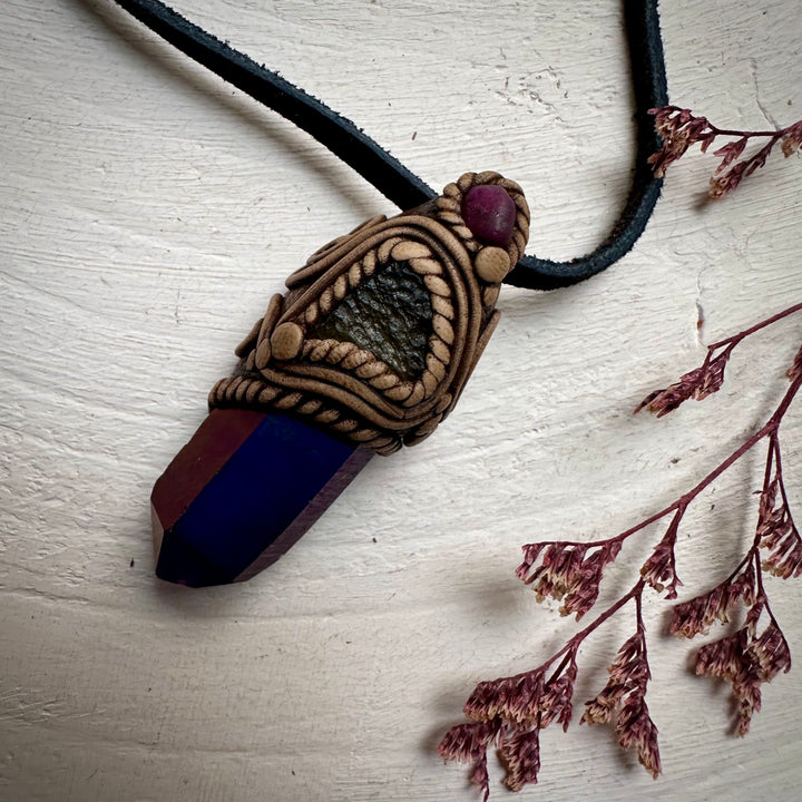 Cobalt Aura Quartz Moldavite and Ruby Pendant Necklace - FairyGardenGlow