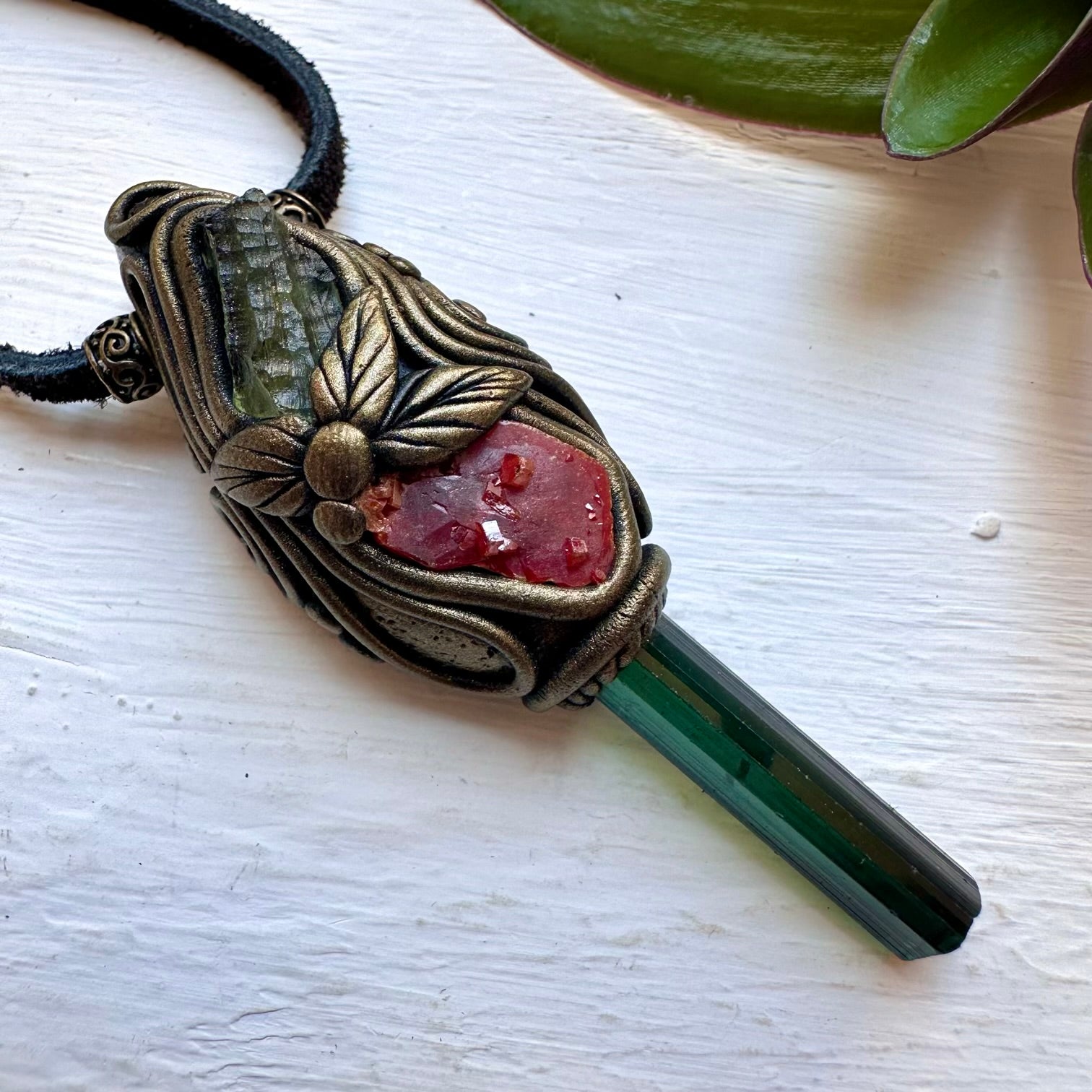 Blue-Green Tourmaline Vanadinite and Moldavite Necklace, Healing Crystal Jewelry - FairyGardenGlow