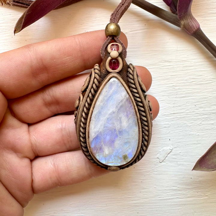 Rainbow Moonstone and Ruby Necklace - FairyGardenGlow