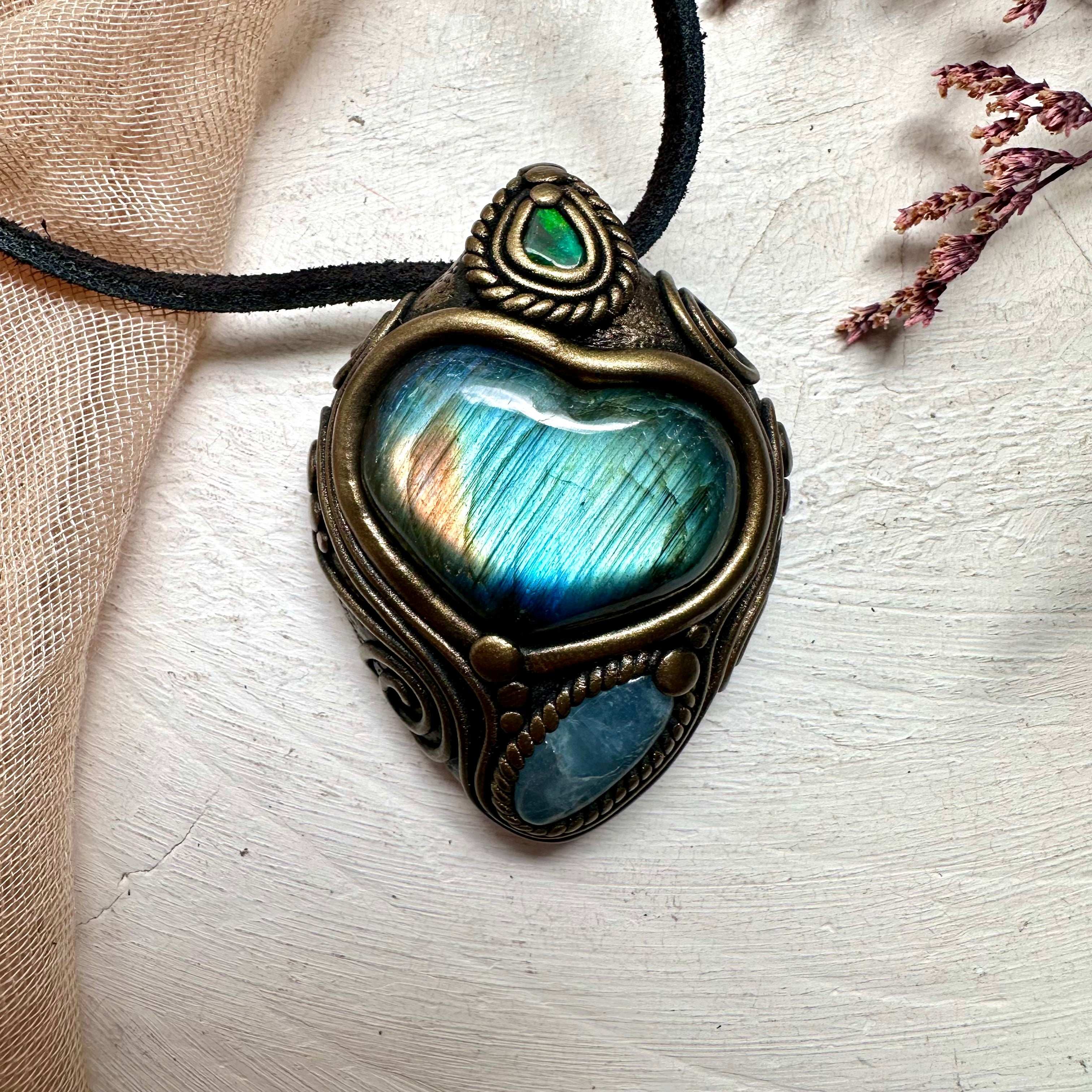 Labradorite Heart Aquamarine and Black Opal Pendant - FairyGardenGlow