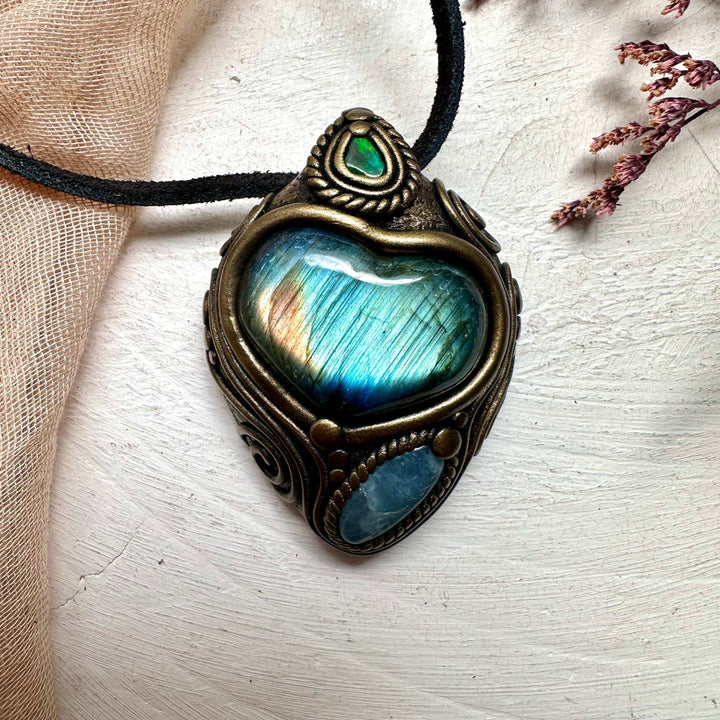 Labradorite Heart Aquamarine and Black Opal Pendant - FairyGardenGlow