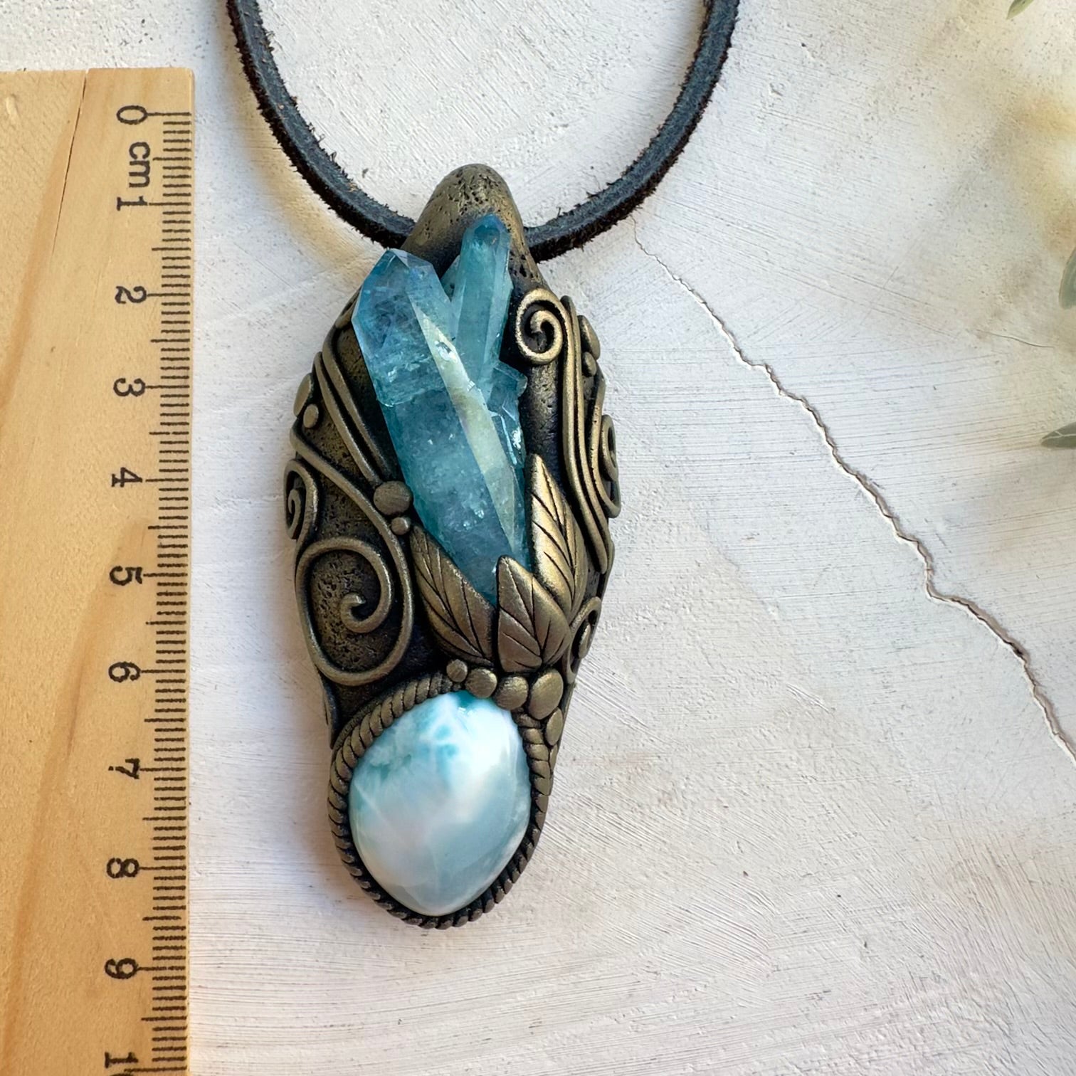 Blue crystal necklace for calm and clarity with larimar and aqua aura 