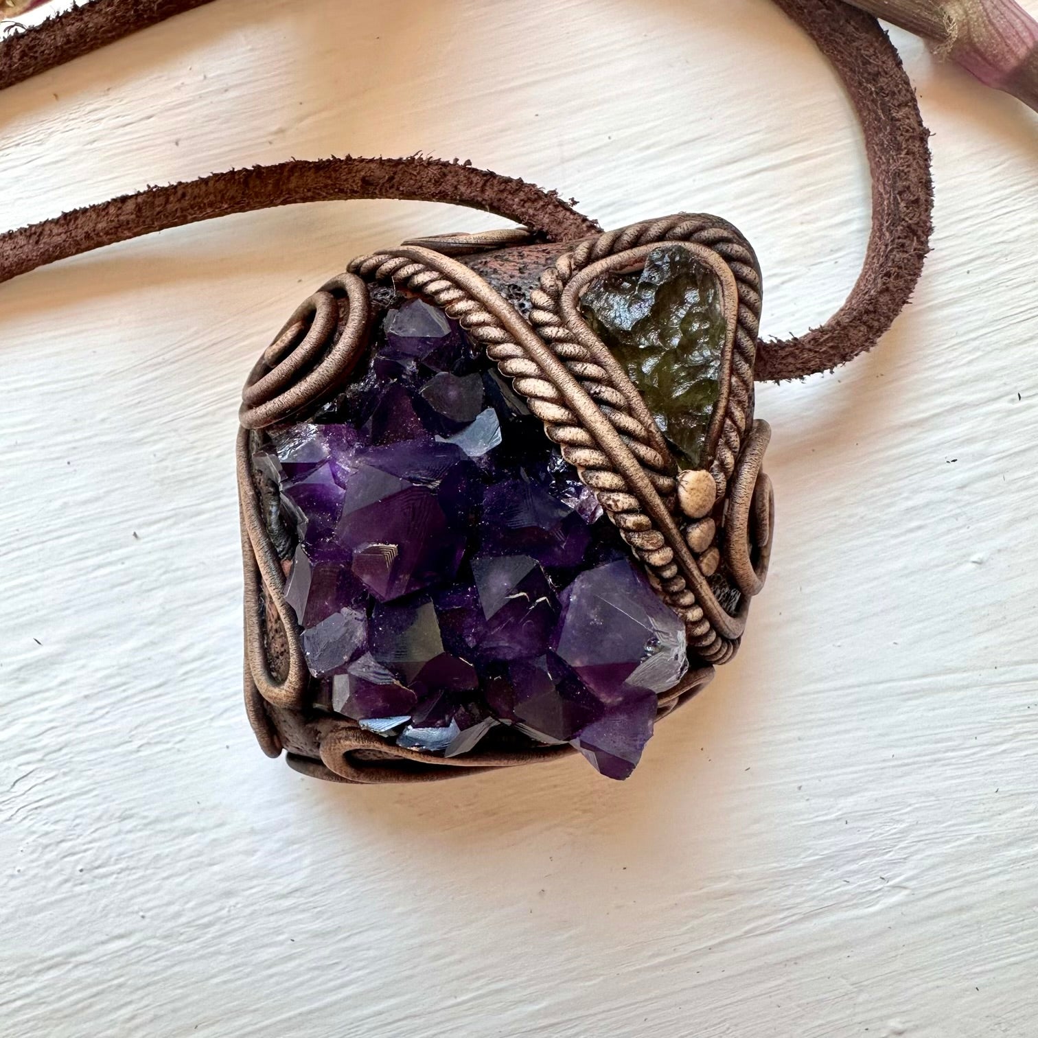 Amethyst Cluster and Moldavite Pendant Necklace - FairyGardenGlow