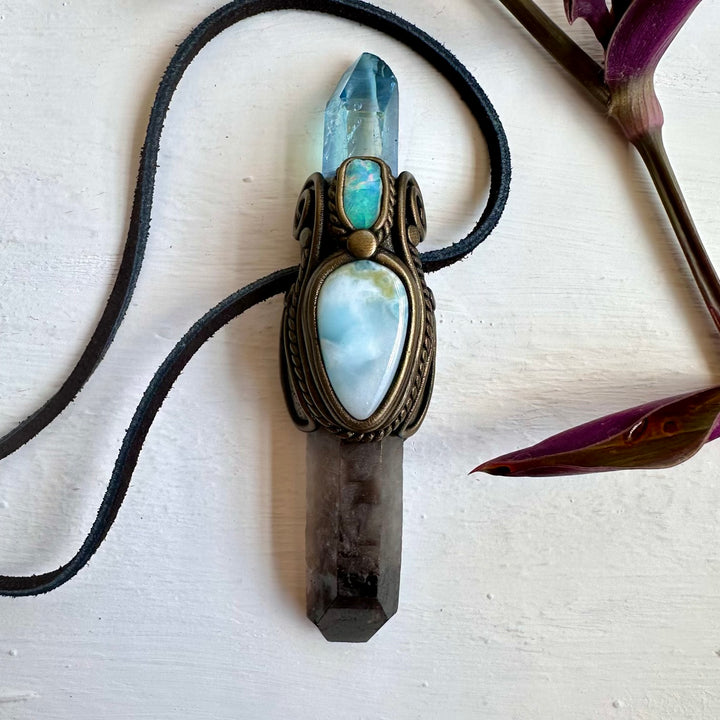 Smoky Quartz Aqua Aura Quartz Larimar and Raw Ethiopian Opal Wand / Necklace - FairyGardenGlow