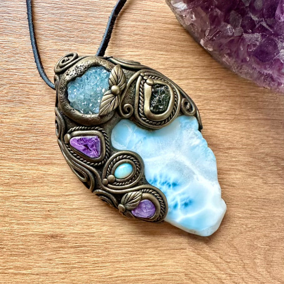 Large Larimar, Aqua Aura Quartz Cluster, Charoite, Australian Opal and Moldavite Healing Crystal Talisman – Spiritual Jewelry for Meditation & Energy Work - FairyGardenGlow