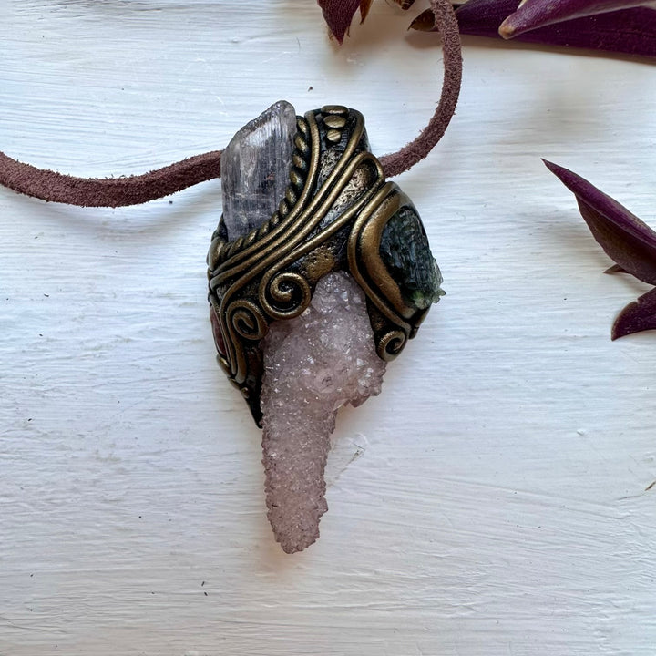 Spirit Quartz Kunzite Moldavite and Ruby Necklace - FairyGardenGlow