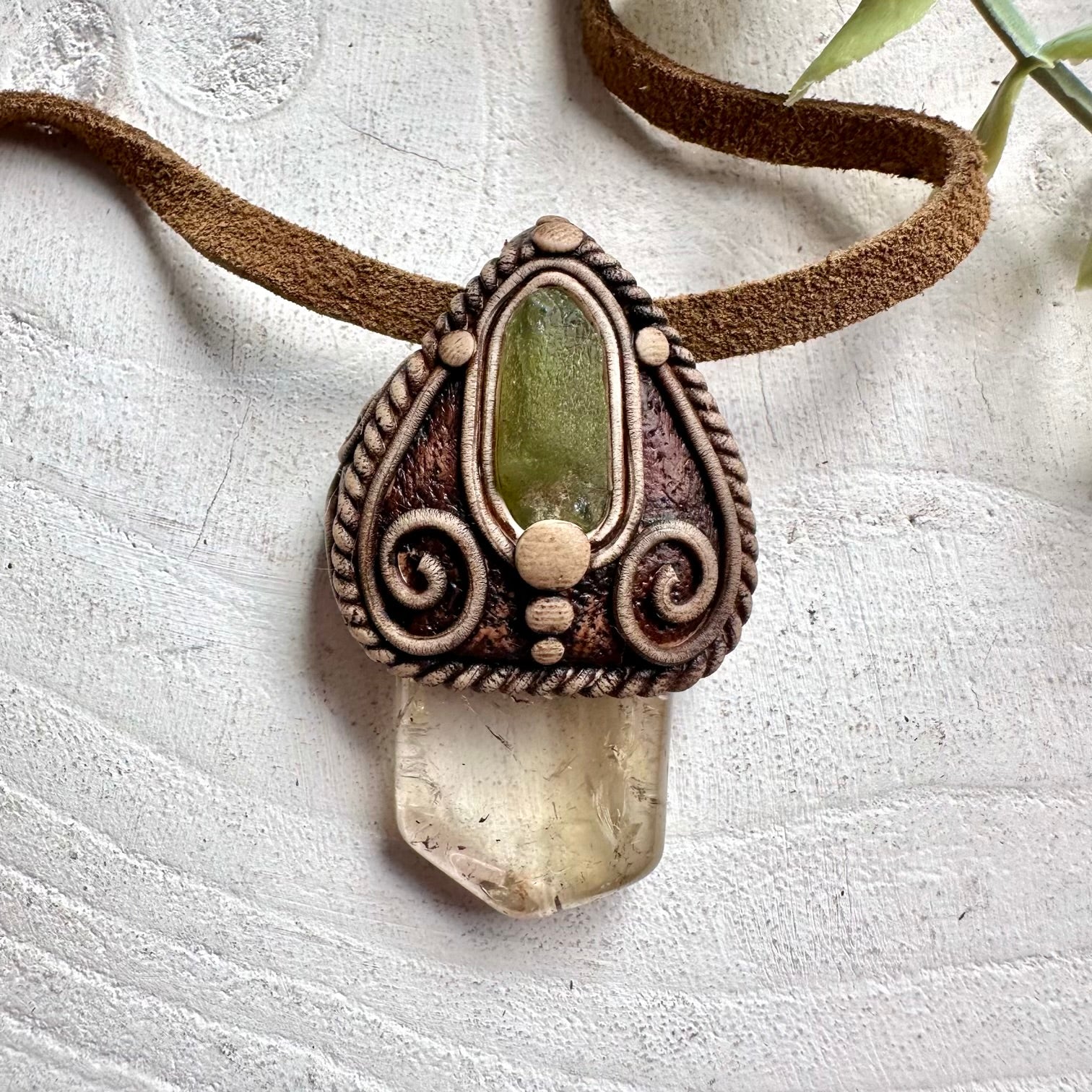 Citrine and Peridot crystal necklace handmade with genuine natural gemstones.