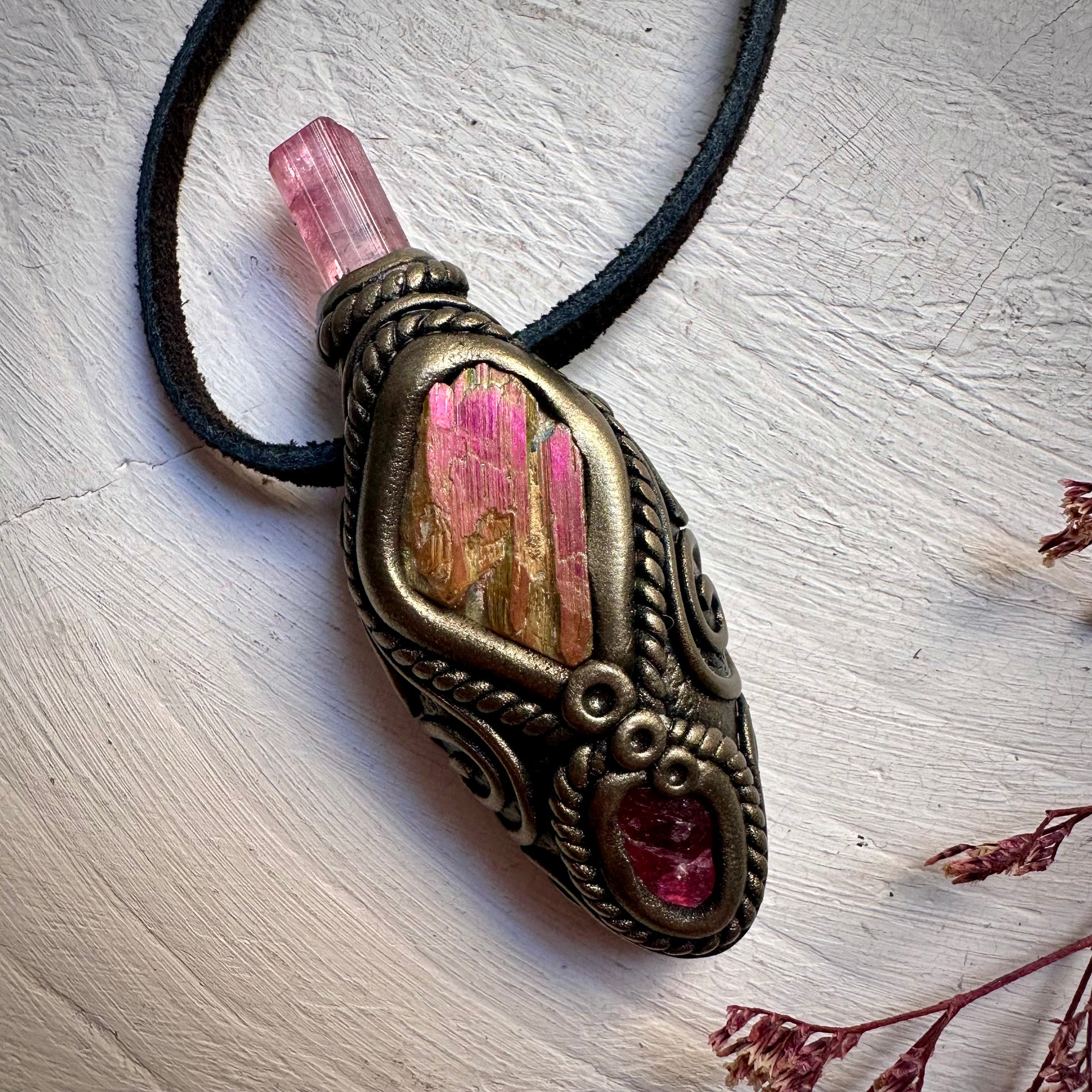 Sunset Aura Kunzite with Pink Tourmaline and Rhodonite Necklace