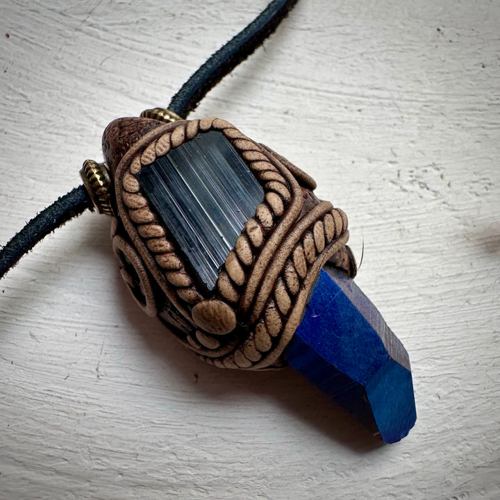 Cobalt Aura Quartz and Black Tourmaline Pendant Necklace - FairyGardenGlow