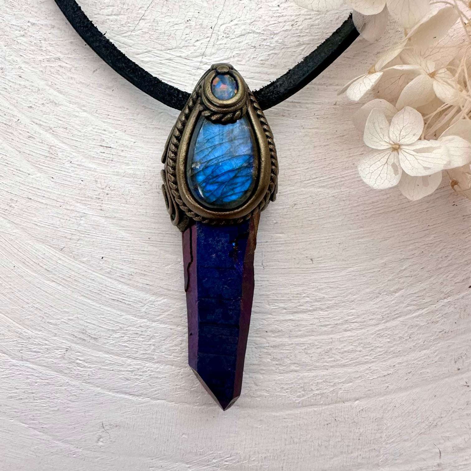 Cobalt Aura Quartz Labradorite and Black Australian Opal Pendant Necklace - FairyGardenGlow