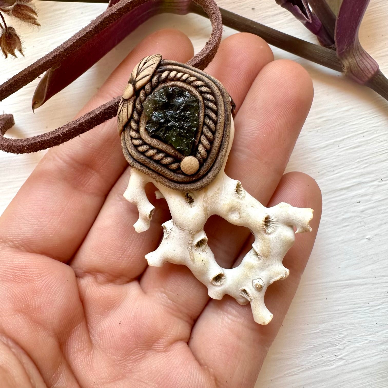 White Coral and Moldavite Pendant Necklace - FairyGardenGlow