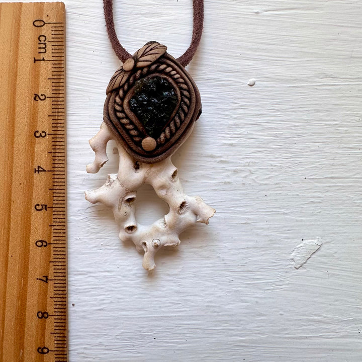 White Coral and Moldavite Pendant Necklace - FairyGardenGlow