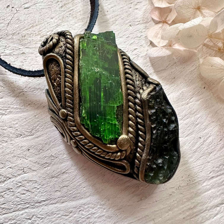 Chrome Diopside and Moldavite Necklace - FairyGardenGlow