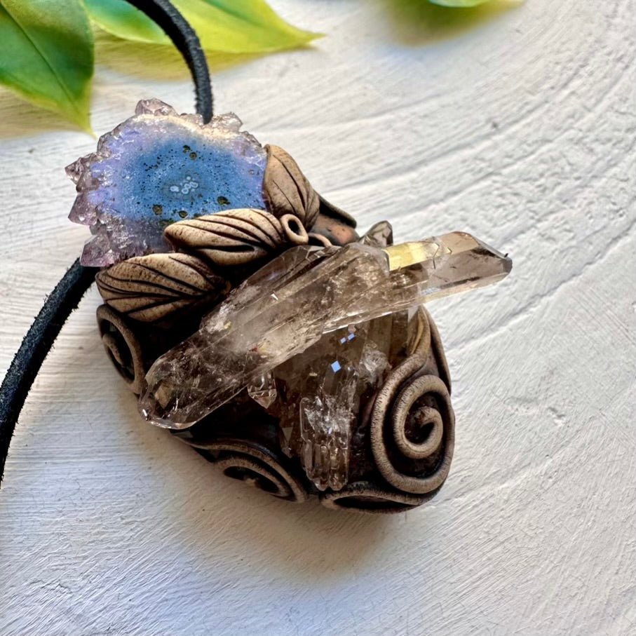 Smoky Quartz Cluster and Amethyst Stalactite Pendant Necklace, Handmade Clay Pendant FairyGardenGlow