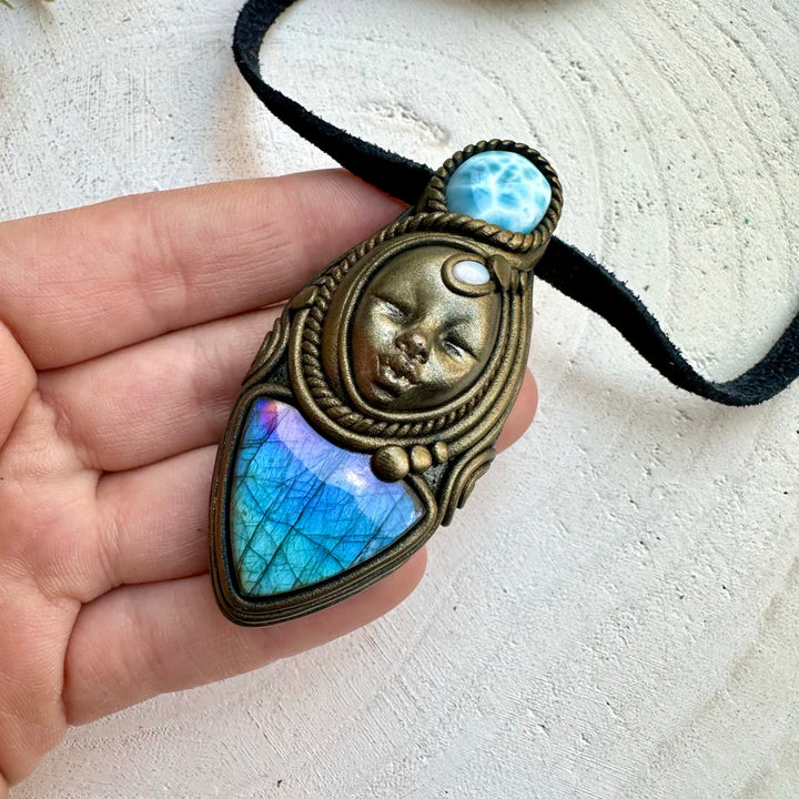 Natural gemstone necklace with labradorite larimar and opal