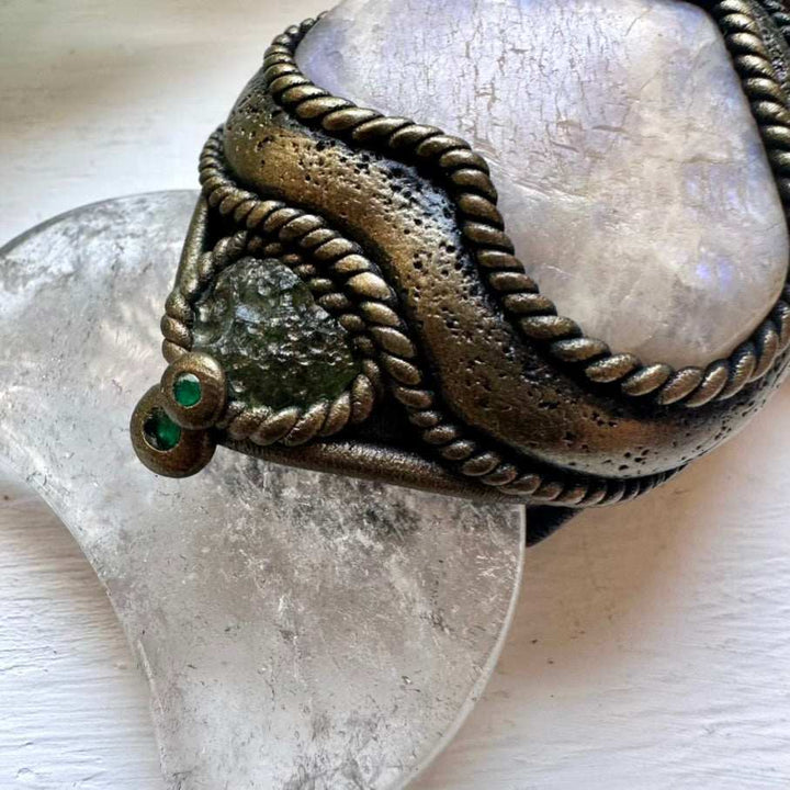 Handmade Crystal Wand with Pistachio Calcite Clear Quartz Moon Moldavite Moonstone Heart and Emerald - FairyGardenGlow