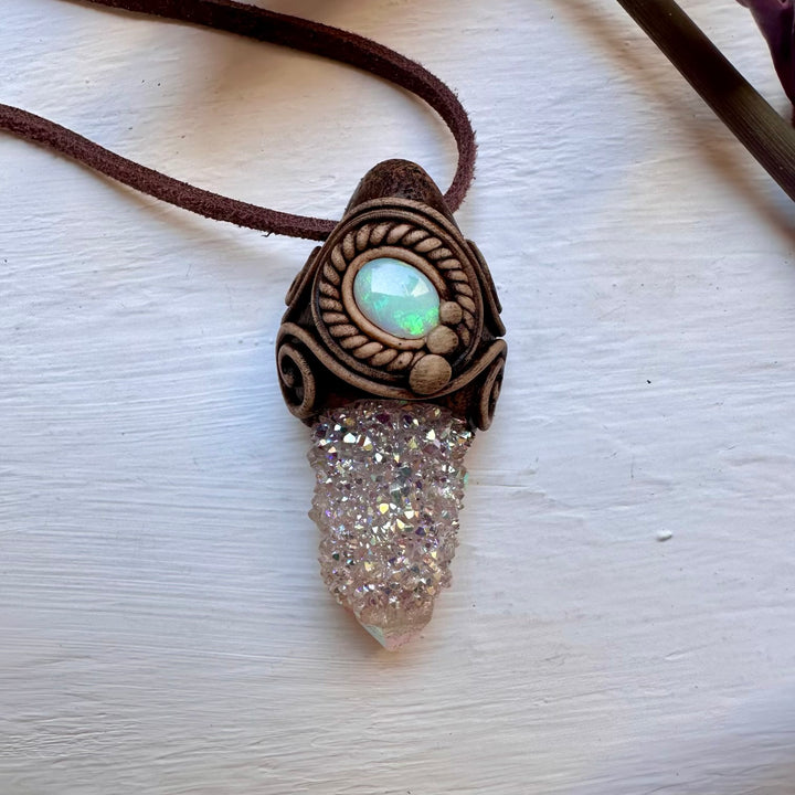 Angel Aura Spirit Quartz and Australian Opal Necklace - FairyGardenGlow