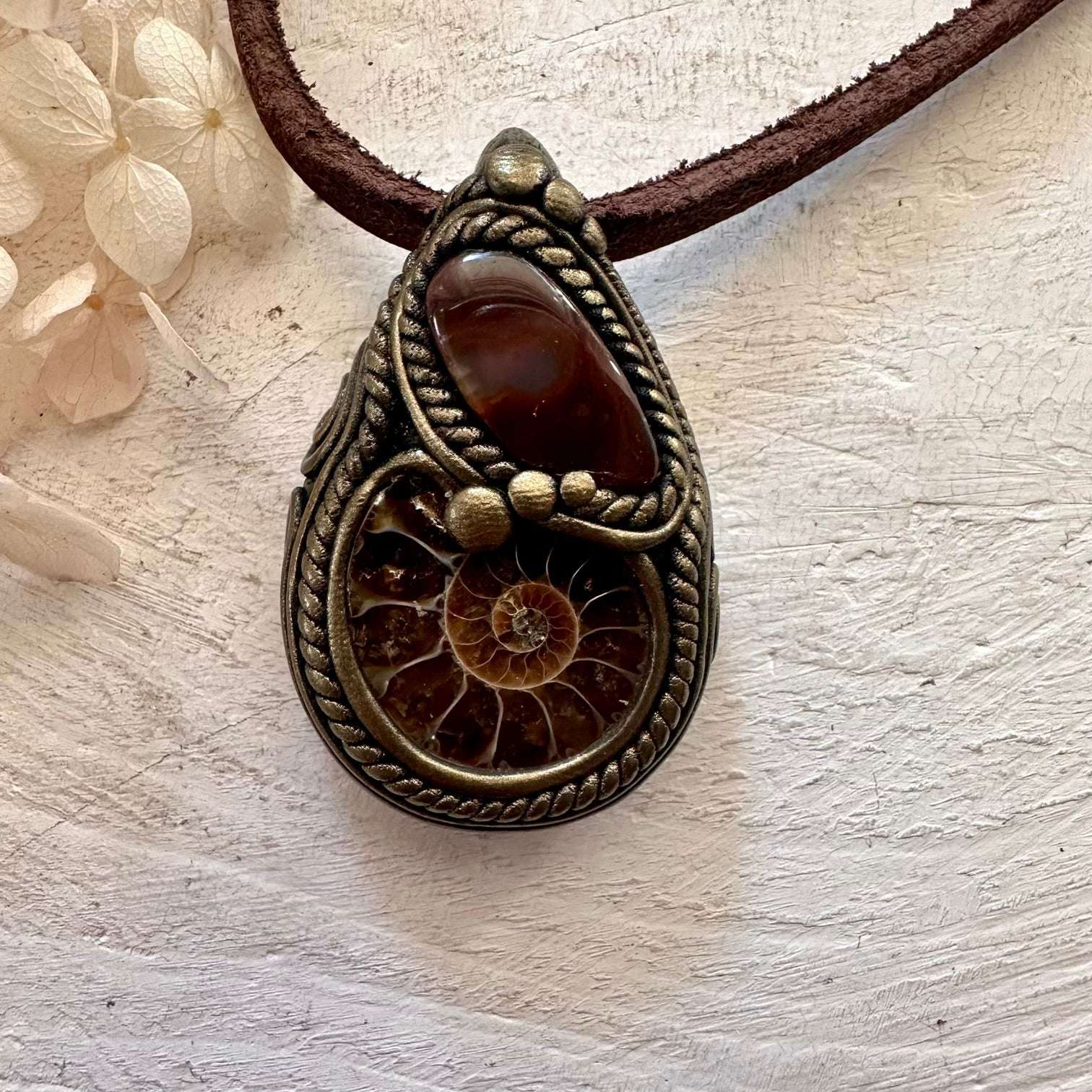 Ammonite and Fire Agate Necklace - FairyGardenGlow