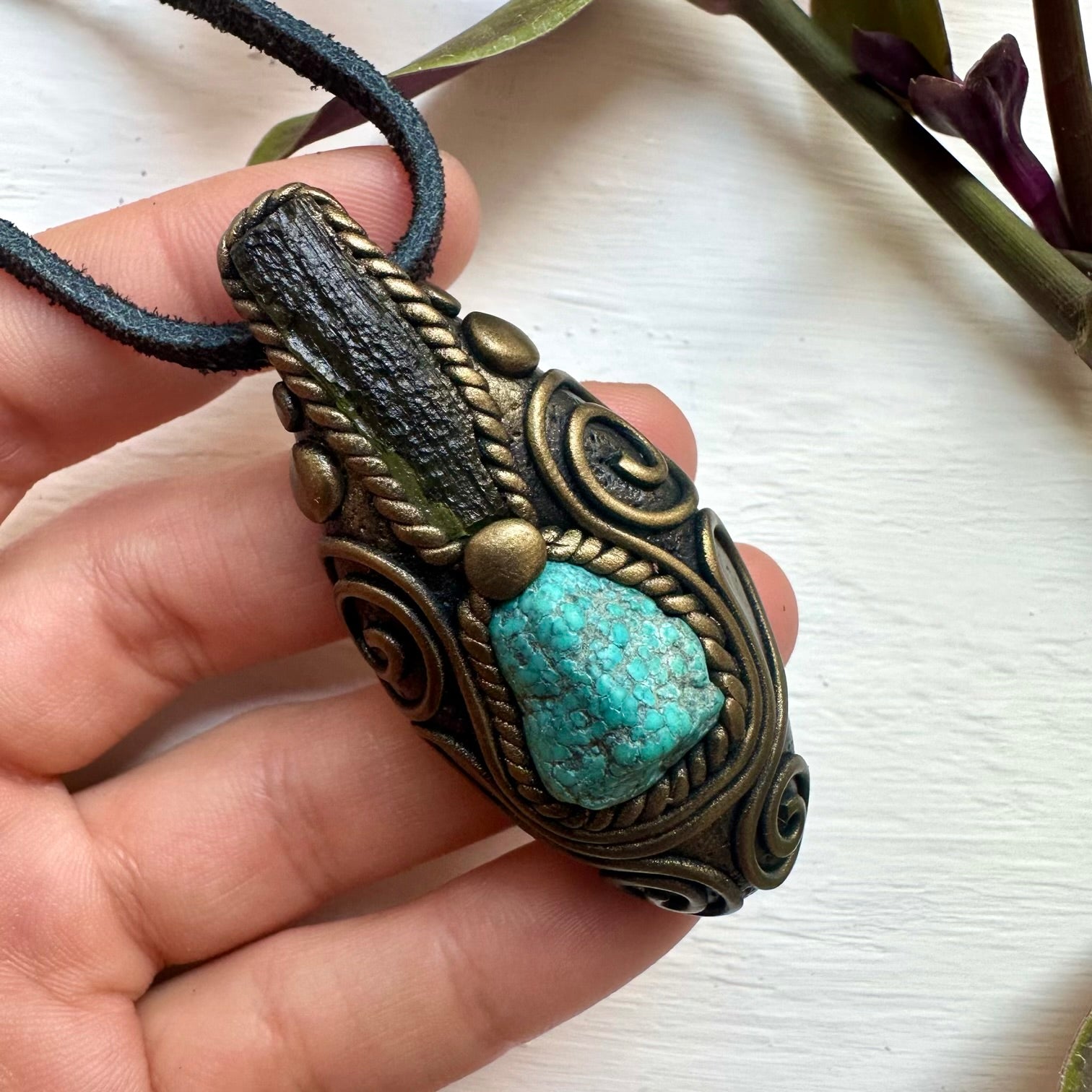 Turquoise and Moldavite Pendant Necklace - FairyGardenGlow