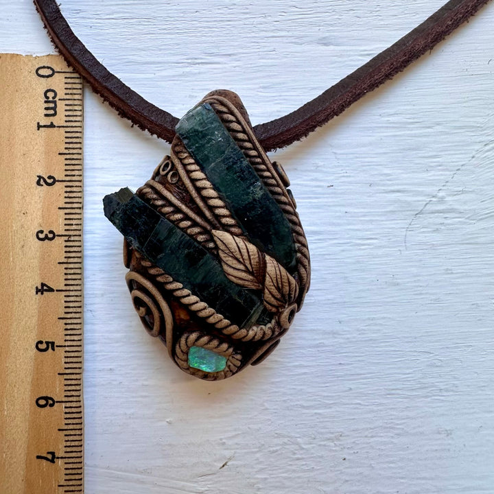 Vivianite and Australian Opal Pendant Necklace - FairyGardenGlow